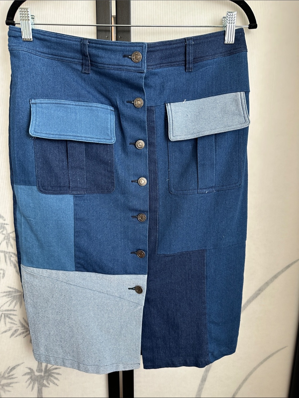 Gracia Patchwork Denim Midi Skirt in Multiple Blues